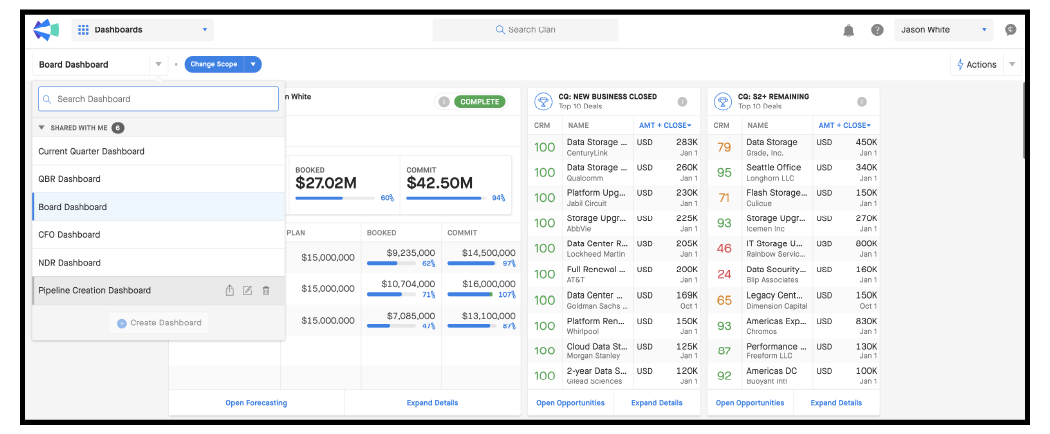 Screenshot of Clari dashboards