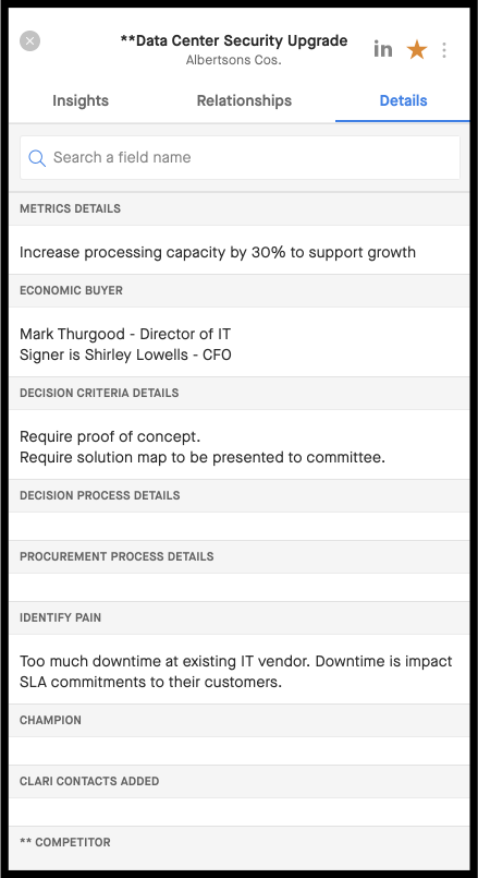 Screenshot of a Clari report showing account details