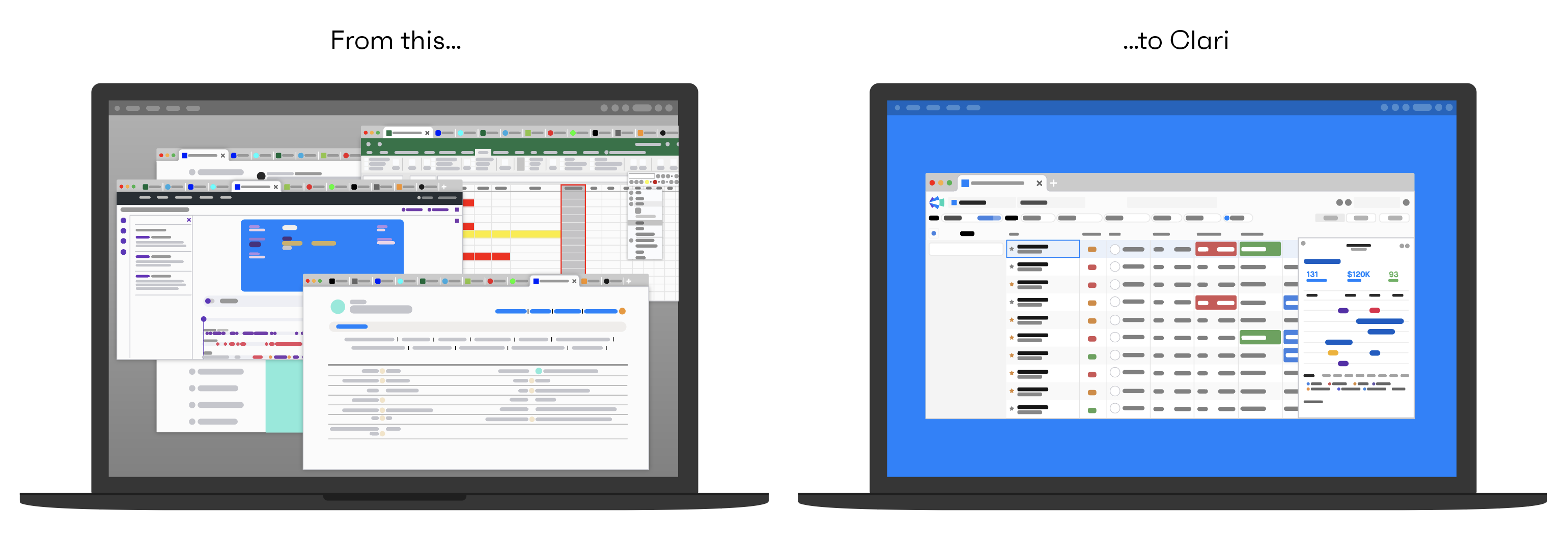 Illustration of a laptop with multiple open windows next to a laptop with just Clari open