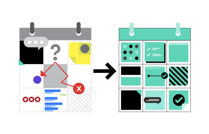 Illustration showing a disorganized calendar and an organized calendar