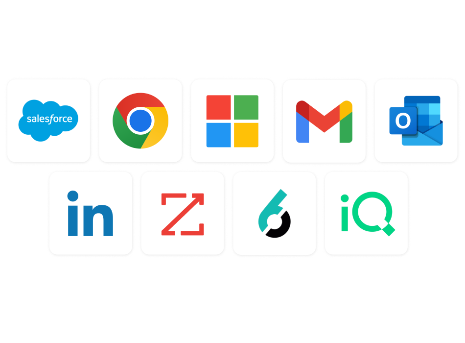 Logos of Salesforce, Chrome, Microsoft, Gmail, Outlook, LinkedIn, ZoomInfo, 6sense and more